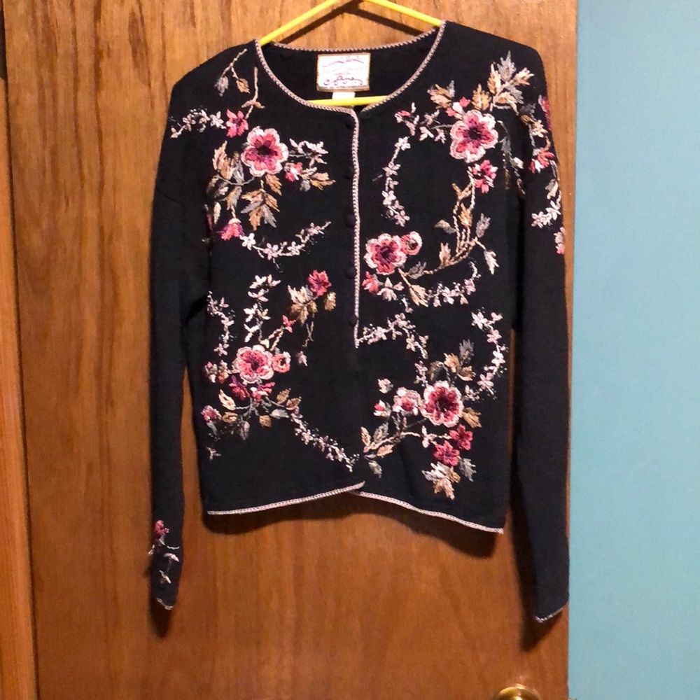 Black sweater with embroidered flowers
